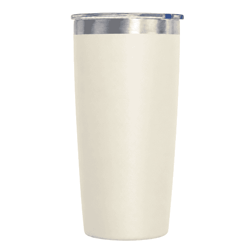 A drink bottle in a soft cream colour with a silver lid and a logo.