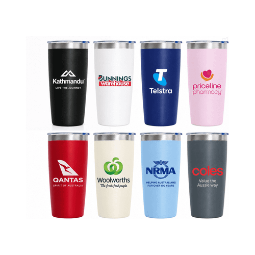 A range of vacuum cups in various colours, featuring multiple logos and branding designs.