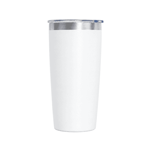 A drink bottle in white with a silver lid and a logo, featuring a sleek and modern design.