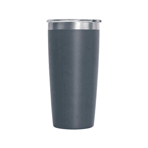 A drink bottle in dark grey with a stainless steel lid and a smooth matte finish. It features a logo.