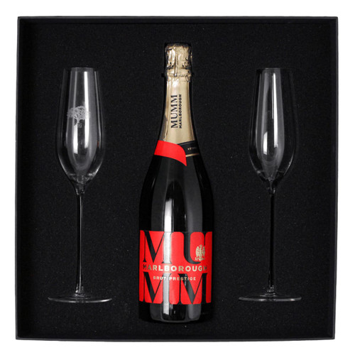 A champagne flute gift set featuring a bottle of Mumm Marlborough Champagne and two elegant clear glass flutes.