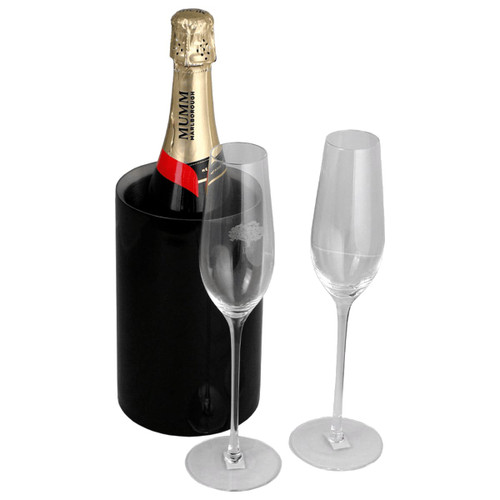 A champagne flute gift set featuring a bottle of champagne in a black cooler and two elegant glass flutes.