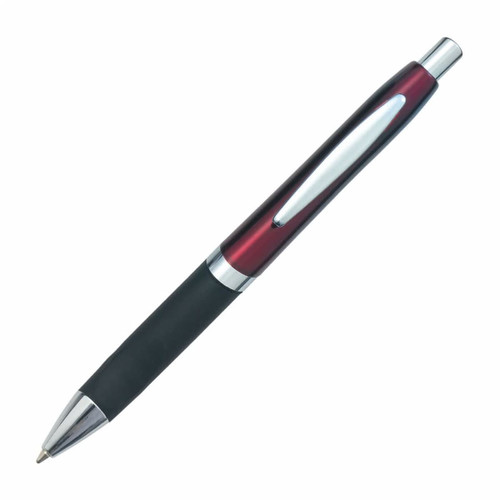 A sleek plastic pen with a black and burgundy design, featuring a chrome clip and accents.