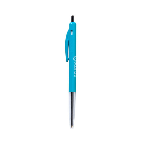 A turquoise plastic pen with a transparent barrel and a clip, featuring a logo on its side.