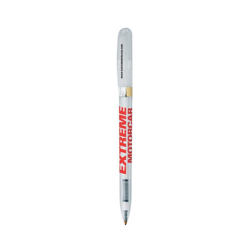 A clear metal pen with a gold tip and an attached transparent cap, featuring a logo in red.