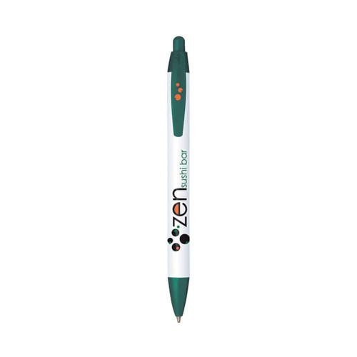 A widebody custom pen featuring a white barrel with green accents and a logo.