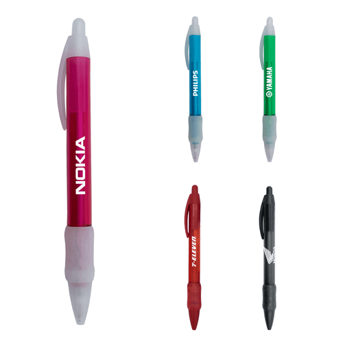 A selection of plastic pens in pink, blue, green, red, and black, each with a clip and a branded logo.