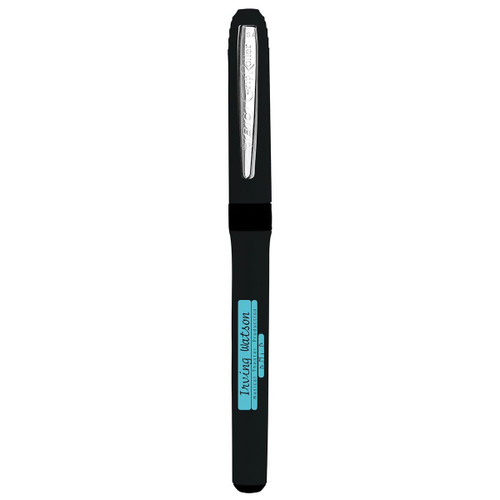 A black pen with a textured grip and a silver nib, featuring branding along the body.