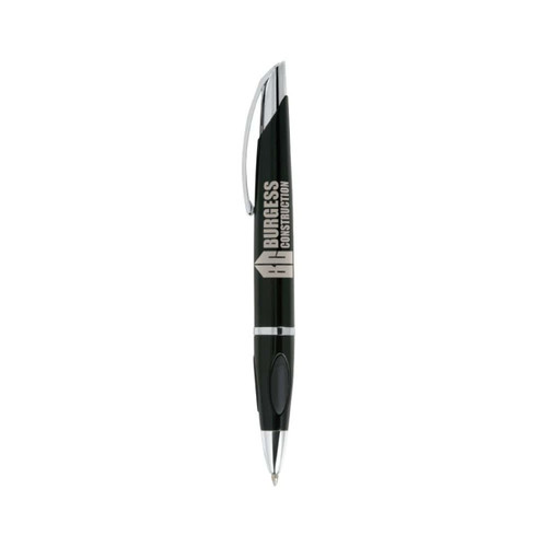 A black pen with a silver clip and a branding logo on the barrel.