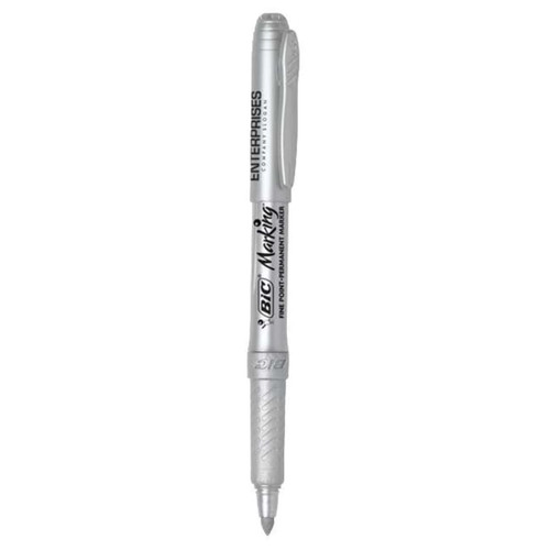 A metallic silver permanent marker featuring a textured grip and a logo on the barrel.