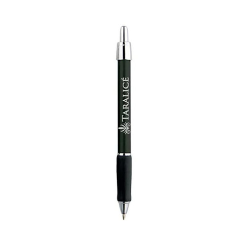 A metallic pen in black with silver accents and a logo on the barrel.