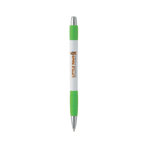 A white pen with a green grip and silver accents, featuring a logo on the body.