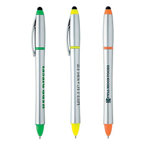 A stylus highlighter pen combo featuring three pens in green, yellow, and orange, with silver barrels and branding.