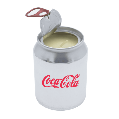 A silver can-shaped candle with a removable lid, featuring a red logo design.