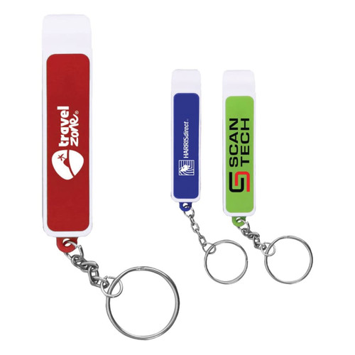 A drink bottle opener set in red, blue, and green, featuring a key ring for attachment and branding on each piece.