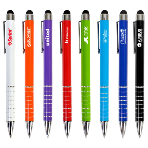 A collection of eight stylus pens in various colours, featuring different logos and chrome accents.