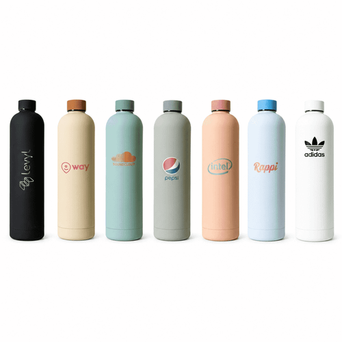 A drink bottle collection featuring various colours: black, soft pink, mint green, light blue, and peach, with logos.