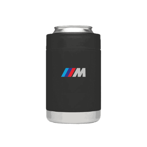 A black stubby cooler with a silver base, featuring a branded logo on the front.