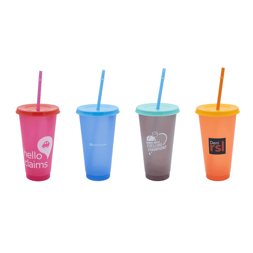 A selection of four plastic cups in various colours, each with a straw and a logo.