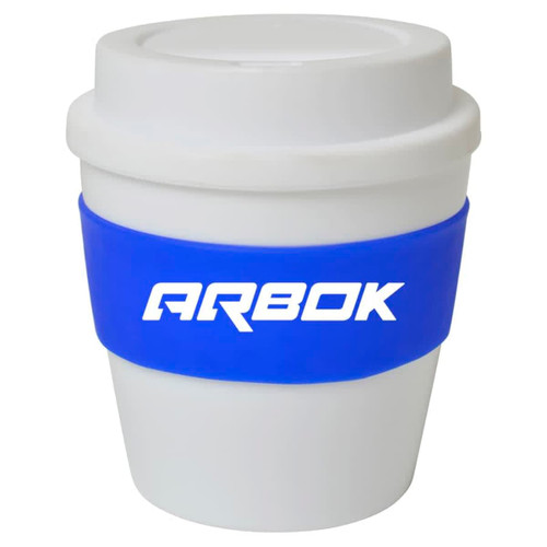 A drink bottle with a white body and blue silicone band, featuring a logo on the band.