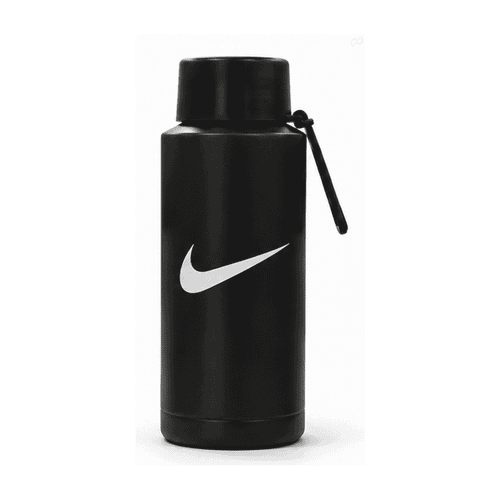 A drink bottle in black with a silver logo, featuring a secure lid and a carry strap.