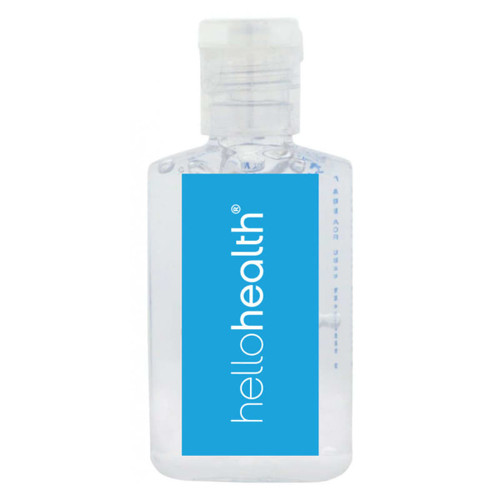 A clear 30ml hand sanitiser gel bottle with a blue label, containing 75% ethyl alcohol. Logo present on the label.