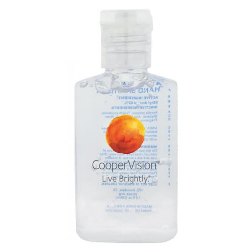 A clear, 30ml hand sanitiser gel with 75% ethyl-alcohol and a logo. The bottle features an orange circle design.
