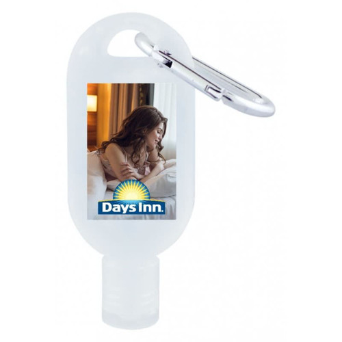 A 30mL hand sanitiser in a clear container with a carabiner, featuring a logo and an image on the front.