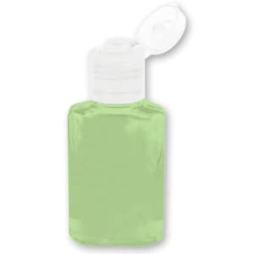 A green 30ml hand sanitiser gel bottle with a white cap, featuring a logo on the front.