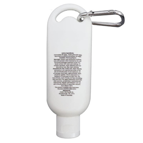 A white 50mL sunscreen bottle with a carabiner attachment, featuring product details on the back.