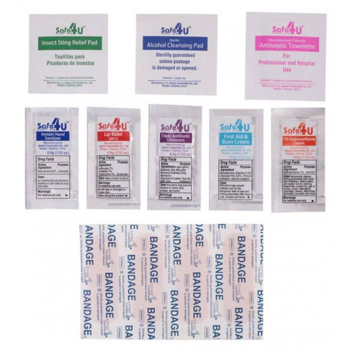 A first aid kit containing insect sting relief pads, alcohol cleansing pads, antiseptic towelettes, and various bandages.
