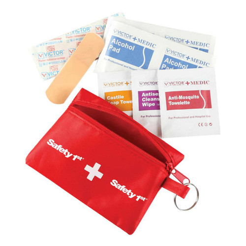 A red first aid kit containing alcohol pads, antiseptic wipes, a bandage, castile soap towels, and anti-mosquito towelettes.