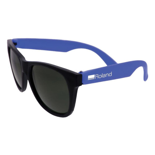 Retro sunglasses featuring black frames and blue arms, with a logo on the side.