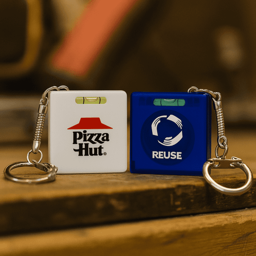 A tape measure with a level key chain, featuring a white and blue design with logos.