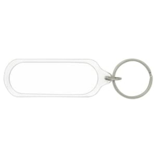 An oval acrylic keychain with a transparent body and a metal ring.