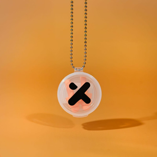 A silicone earplug keychain in a clear case with a black logo, featuring an orange earplug set, suspended by a metal chain.