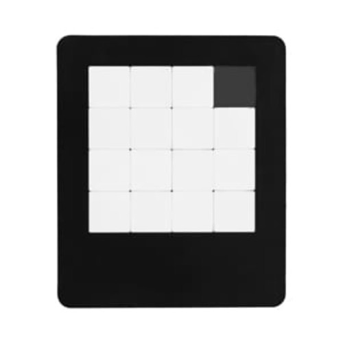 A classic puzzle game featuring a black frame with a grid of white tiles, one tile is missing in the corner.