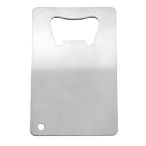 A drink bottle opener in stainless steel, featuring a minimalist design with a circular hole and a bottle opener cutout.