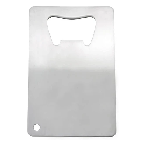 A stainless steel bottle opener shaped like a credit card, featuring a circular hole and a cut-out for easy gripping.
