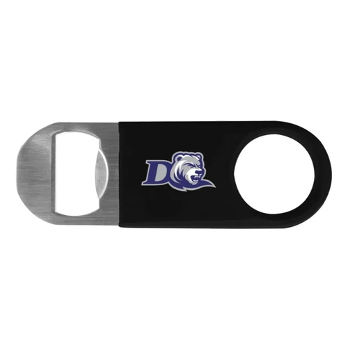 A drink bottle opener in black vinyl with a stainless steel end and a logo on one side.