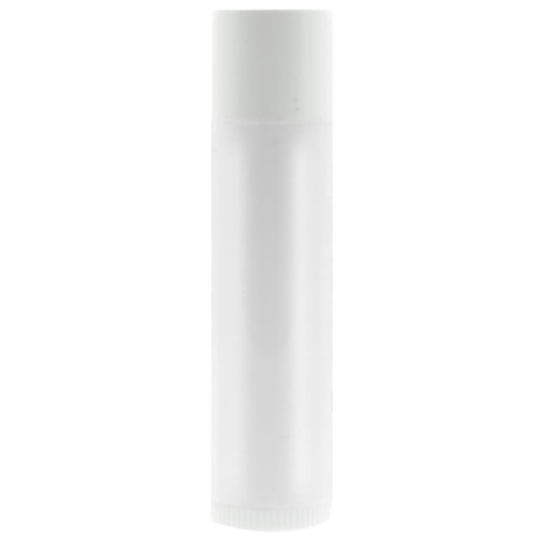 A clear lip balm tube with a white cap, featuring a smooth surface and a simple, minimalist design.