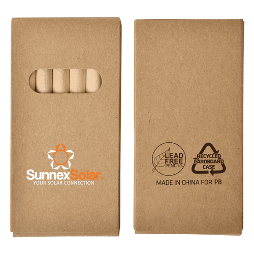 A pack of coloured pencils in a recycled cardboard case, featuring a logo and lead-free design.