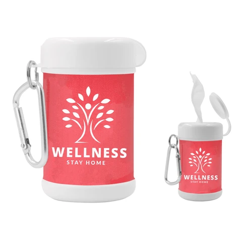 A pink antibacterial wipes canister with a white lid and a carabiner. It features a logo.