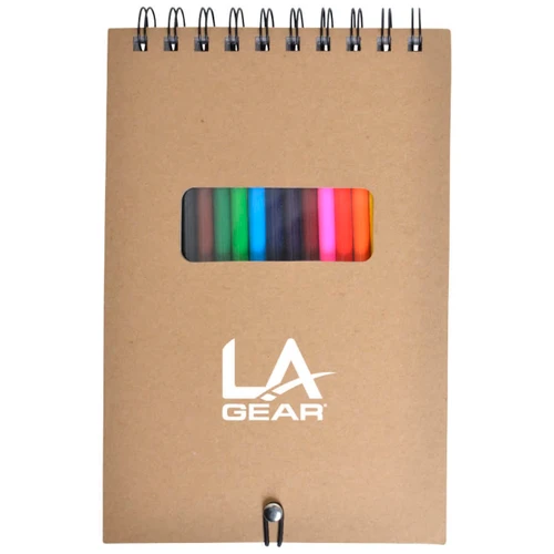 A spiral-bound notebook with a kraft cover featuring a transparent window displaying several colourful markers inside.