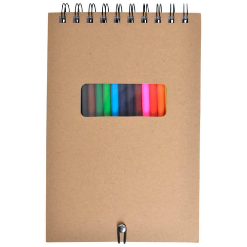 A brown spiral notebook with a transparent window displaying colourful markers inside.