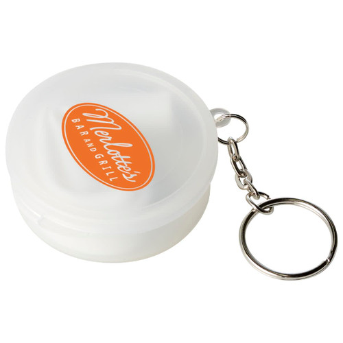 A white silicone container with a keychain, featuring an orange logo.