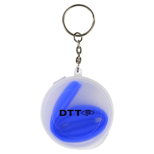 A blue reusable silicone straw housed in a clear circular case with a keyring attachment. The case features a logo.