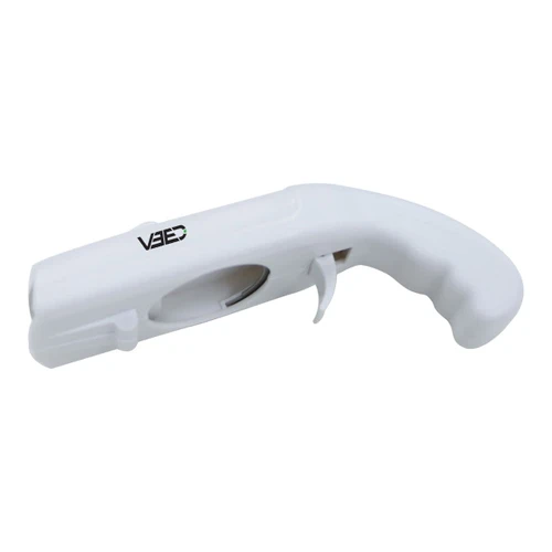 A drink bottle opener in white, designed like a cap gun, featuring a logo on its body.