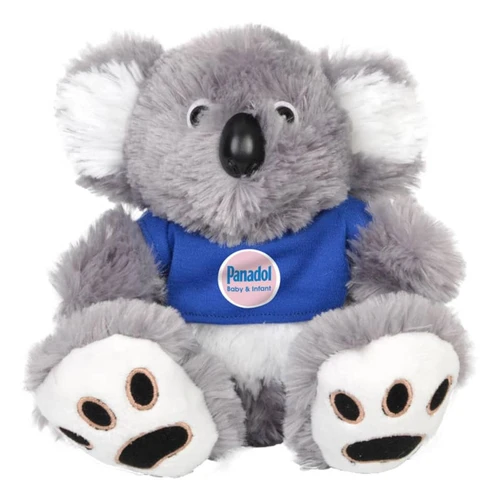 A grey plush koala with a blue shirt and white accents, featuring a small logo on the shirt.