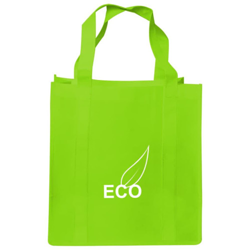 A bright green shopping tote bag with a gusset and a logo featuring a leaf design.